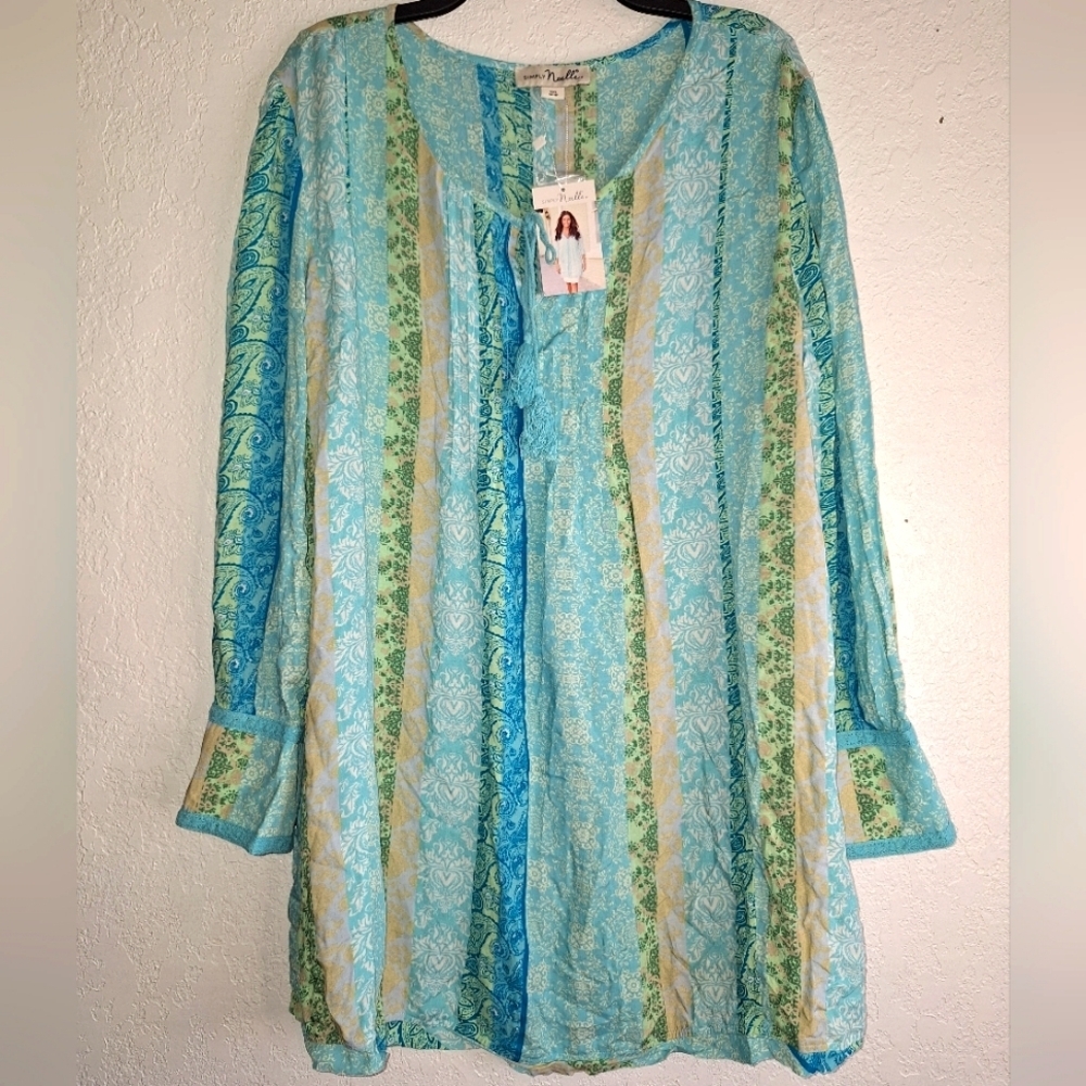 NWT Simply Noelle BoHo Long Sleeve Tie Neck Tunic Blouse Women's Size XXL